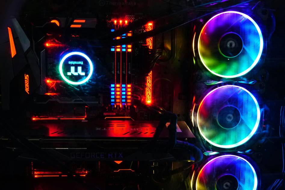 Color-changing RGB strip lights in a cozy living room setup